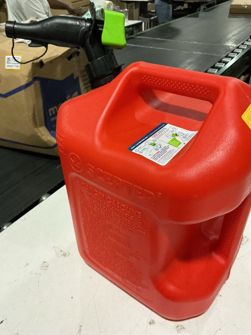 Condition photo showing As Is for scepter fscg552 fuel container with spill proof spout with bonus spout extender, rear handle red gas can, 5 gallon red gas can 5 gallon container