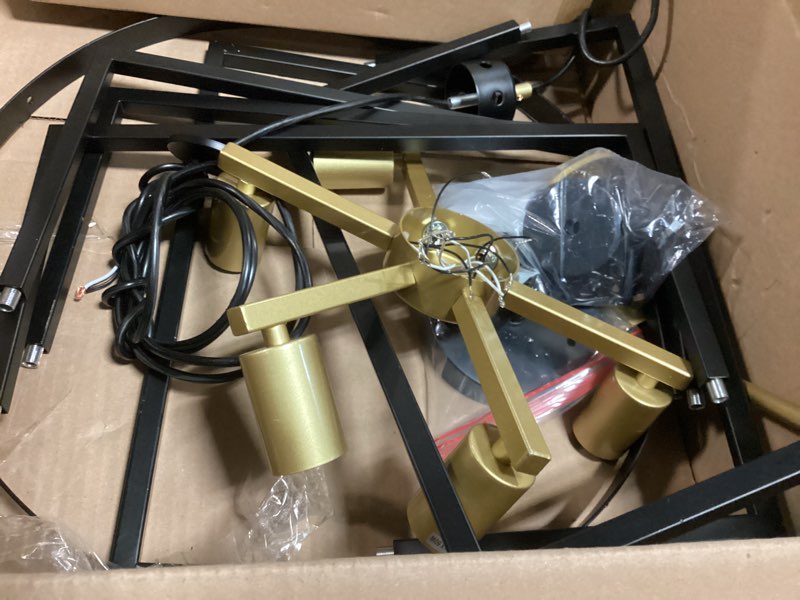 Condition photo showing As Is for Black and Gold Chandeliers, Modern Farmhouse Dining Room Light Fixture 6-Light Entryway Chandelier for Foyer 19'' Kitchen Island Lighting Hanging Pendant Lights for Bedroom Hallway 19'' Black+Gold