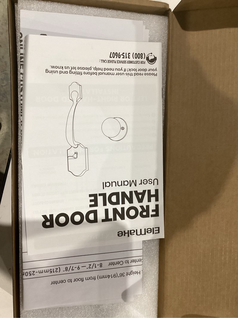 Condition photo showing Good Condition for front door handleset, entry door handle set with cove knob for right and left handed sided doors, interior and exterior entrance passage lock, lower half grip, matte black matte black-upgraded door handle