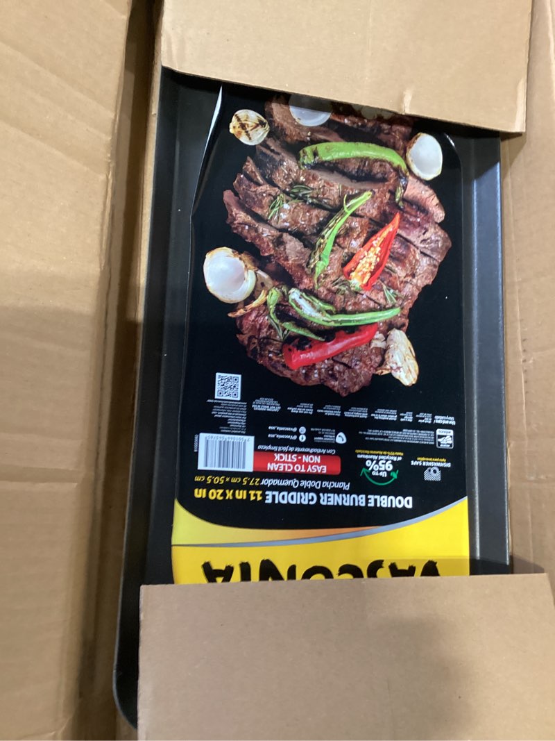 Condition photo showing New/Like New for vasconia durable double burner griddle (20? x 11?) 100% pure aluminum with nonstick - nsf certified - for frying, searing, grilling, browning, ideal for home & commercial kitchen - pack of 1