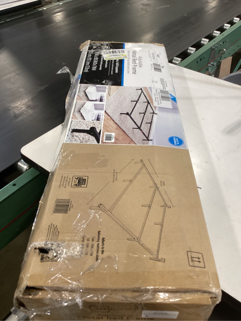 Condition photo showing As Is for mainstays 7" twin/full/queen size adjustable metal bed frame, black, box spring required (sold separately)