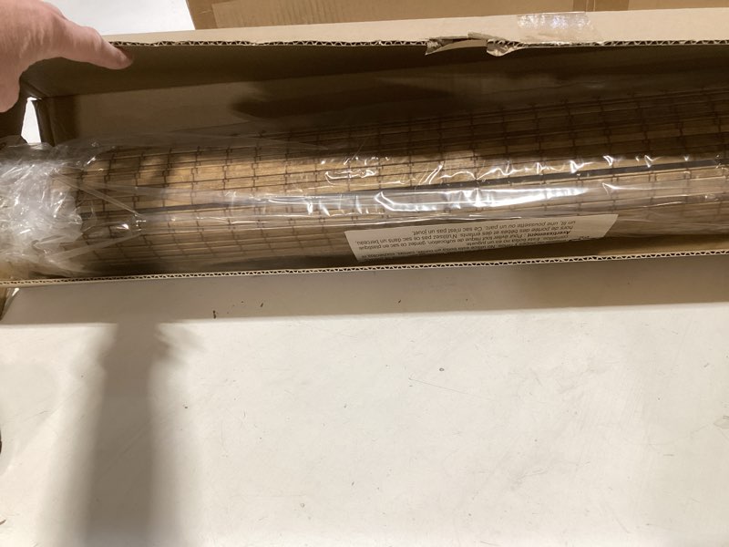 Condition photo showing Good Condition for lazblinds cordless bamboo roman shades, privacy blinds for interior windows, room darkening roll up bamboo blinds for home & patio, 34" w x 64" h, highfield teak pricacy - highfield teak 34" w x 64" h