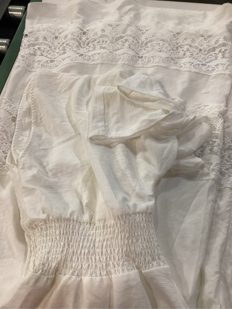 Condition photo showing New/Like New for olaesa women's lace maxi dress short sleeve v neck party dress smocked waist boho maxi dress bohemian dress for women white x-large