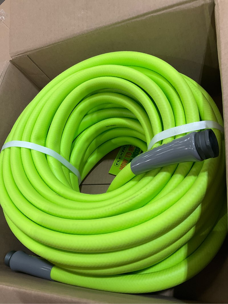 Condition photo showing As Is for Flexzilla Garden Hose 5/8 in. x 100 ft., Lightweight All-Weather Water Hose, Durable and Flexible, Leak-Free Connections Standard Grip 100ft Chartreuse