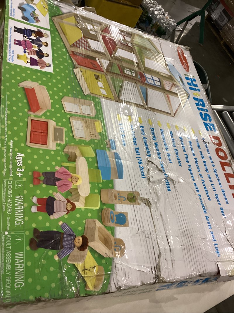 Condition photo showing Good Condition for Melissa & Doug Hi-Rise Wooden Dollhouse with 15 pcs Furniture - Garage and Working Elevator