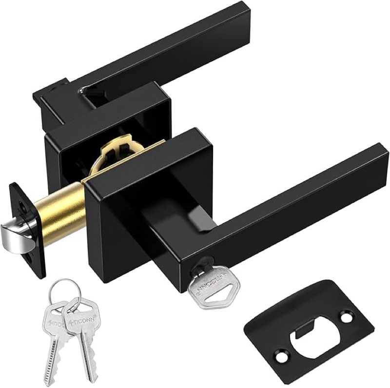 TICONN Black Door Handle Heavy Duty, Matte Black Reversible Square Door Lever for Bedroom, Bathroom and Rooms (Keyed Entry - Keyed Alike, 1 Pack, Black)