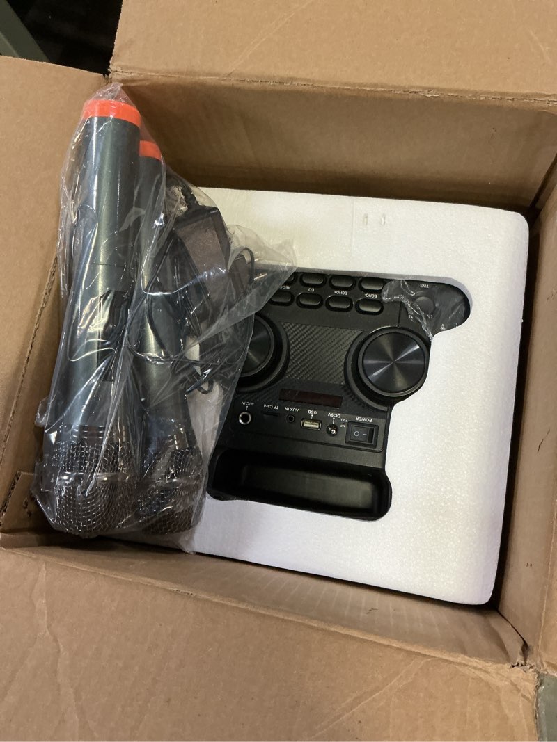 Condition photo showing Good Condition for karaoke machine for adults with 2 wireless uhf microphones, dual 6.5" pa system for party with disco led lights, portable bluetooth speakers & kids, supports for tf card/usb, aux in, fm, rec,tws