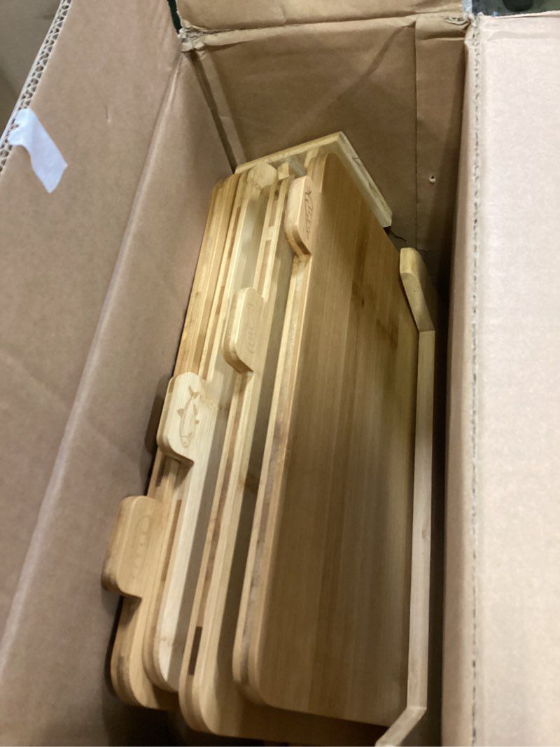 Condition photo showing As Is for 12.6"L x 9"W Bamboo Cutting Board Set of 4 - Wood Cutting Board Set with Holder, Chopping Boards Set with Food Icons, Juice Groove - Ideal for Meat, Fish, Bread, Vegetable, Fruit Chopping Medium 12.6"L x 9"W