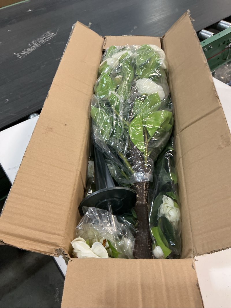 Condition photo showing Good Condition for 36''artificial camellia tree, 2 pack soil insertion w/spike,flower plants, faux floral plant blooming tree in cement pot, greenery potted plant for indoor outdoor office home porch decor white flower