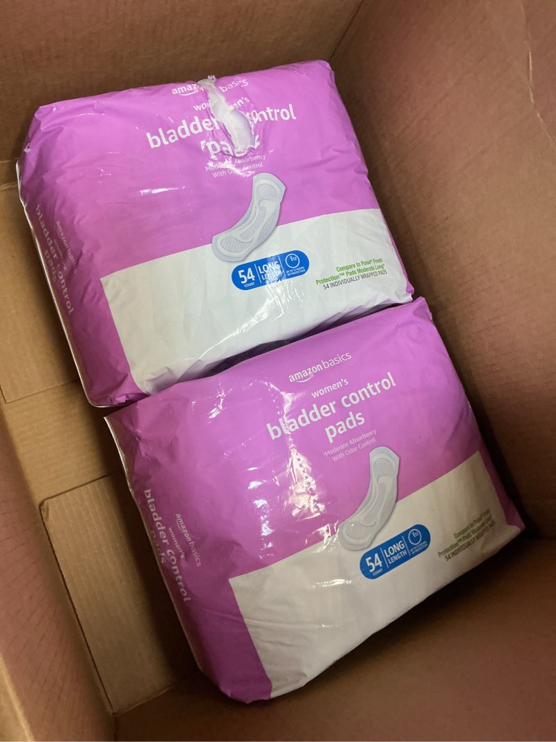 Condition photo showing As Is for Amazon Basics Incontinence Pads for Women Long, Bladder Control, Postpartum, Moderate Absorbency, Unscented, 108 Count (2 Packs of 54) Moderate (108 Count) 108.0
