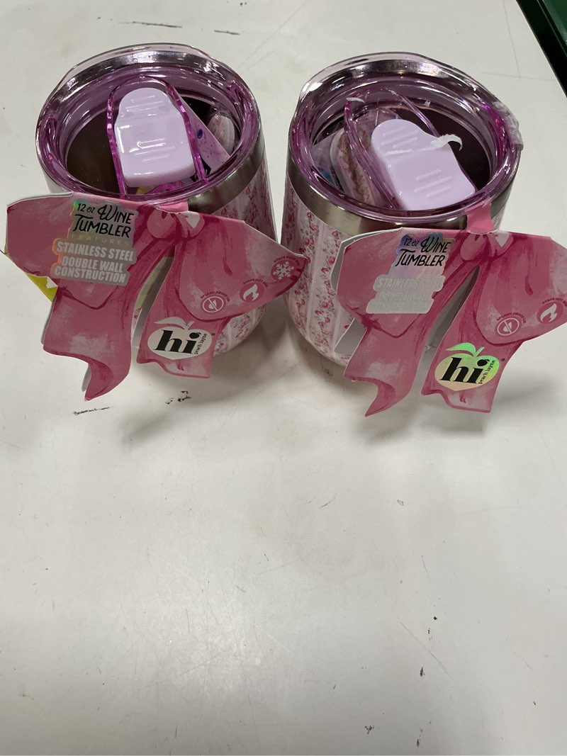 Condition photo showing New/Like New for hi peach layne, mother's day gift set, pink stripe floral wine tumbler with nail file pack of 2