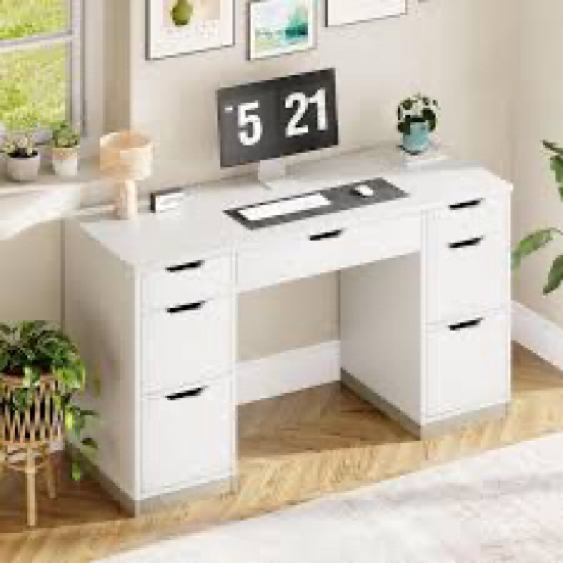 Executive Desk with Storage Drawers, 54 Inch Computer Desk with 7 Drawers and File Cabinet for Home Office, Bedroom, Workspace for Work Study Writing