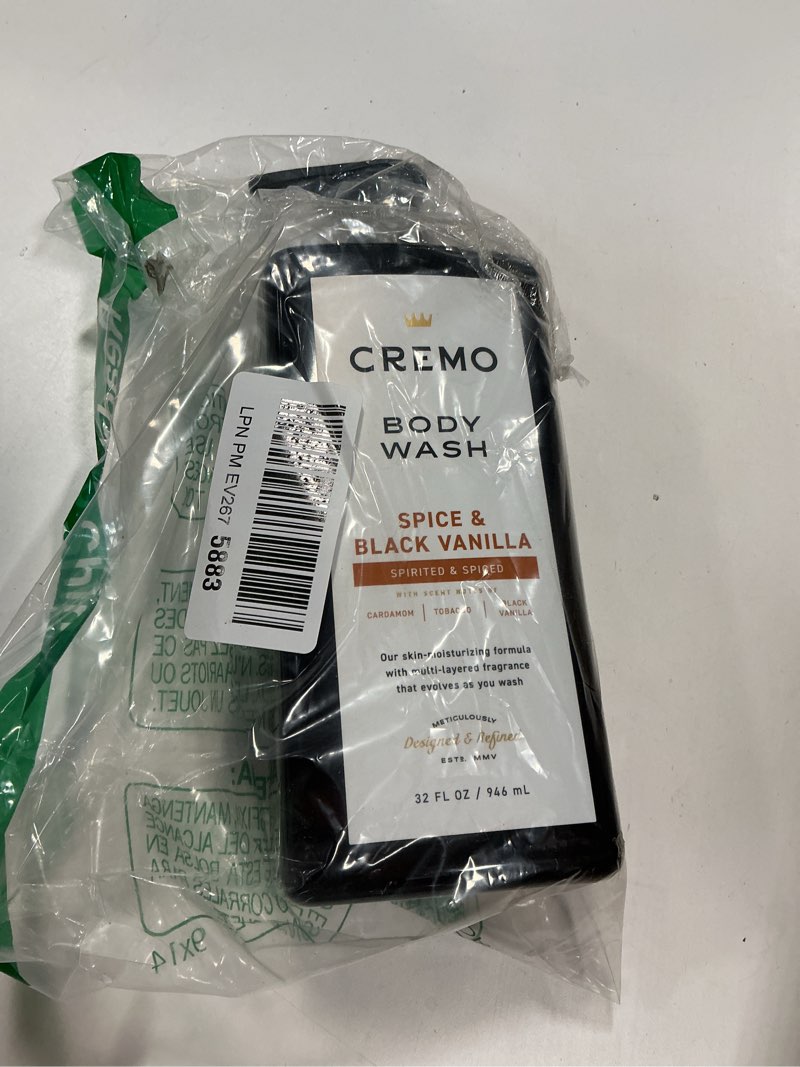 Condition photo showing New/Like New for Cremo Rich-Lathering Spice & Black Vanilla Body Wash for Men, Notes of Spices, Dark Woods and Black Vanilla, 32 Fl Oz Spice & Black Vanilla 32 Fl Oz (Pack of 1)