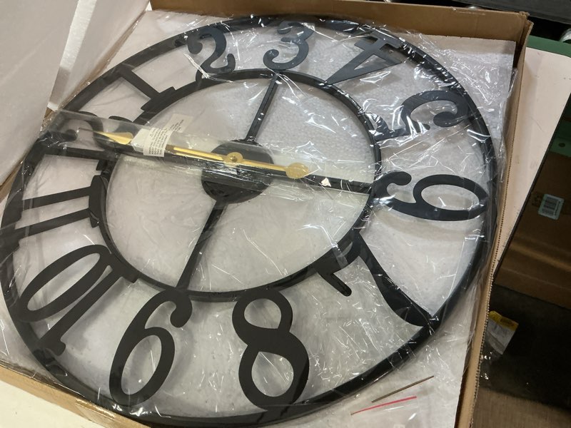 Condition photo showing Good Condition for leike large wall clocks for living room,silent,non ticking,battery operated oversized vintage round modern metal wall clock for bedroom,farmhouse,office home decor-24 inch(black-arabic number) 24 in black metal-arabic number