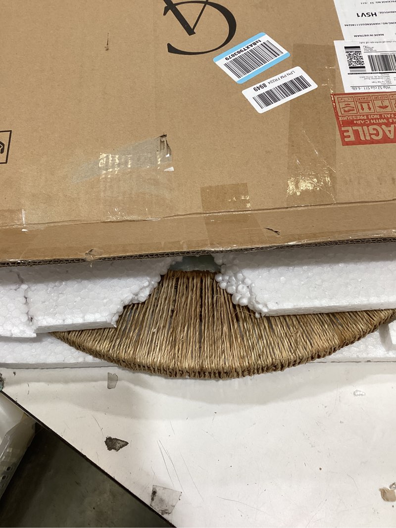 Condition photo showing As Is for 24 Inch Natural Jute Mirror, Wall Mounted Round Mirror with Metal Frame, Wall Decor Rustic Farmhouse Boho Decor Accent for Bathroom, Bedroom, Living Room, or Entryway