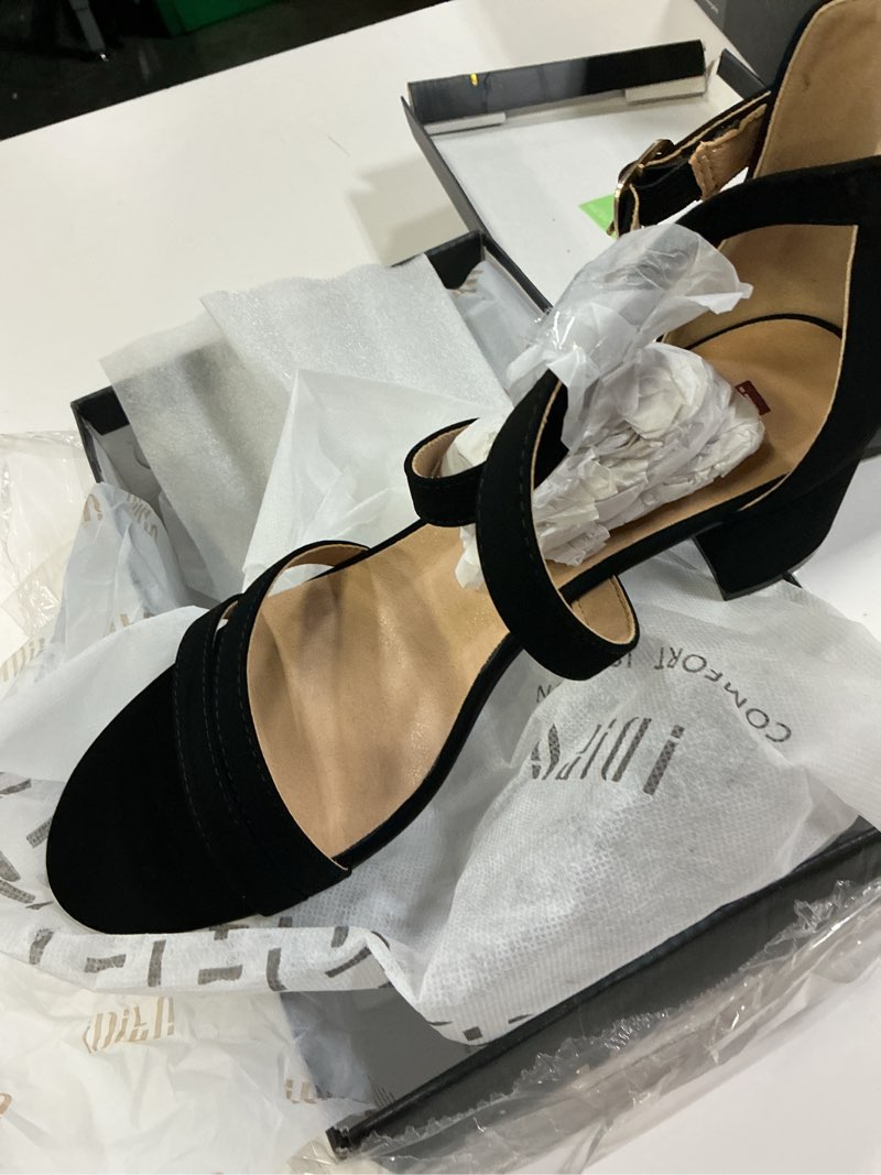 Condition photo showing New/Like New for idifu women's block low chunky heel strappy sandals open toe ankle strap dress wedding evening shoe for women bridal 10 black nubuck