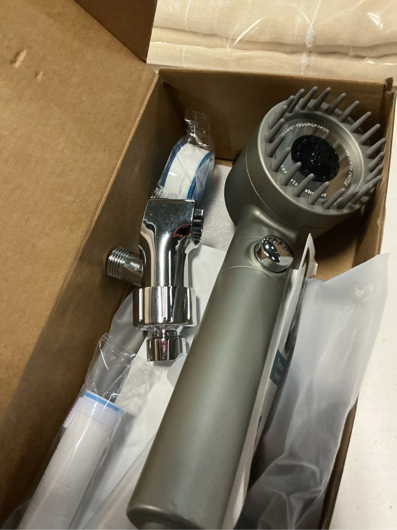 Condition photo showing As Is for shower head with handheld, shower heads high pressure, high flow even with low water pressure-hand held showerhead set,3 modes filtered showerhead with 59?replacement hose/bracket/cotton filters gray