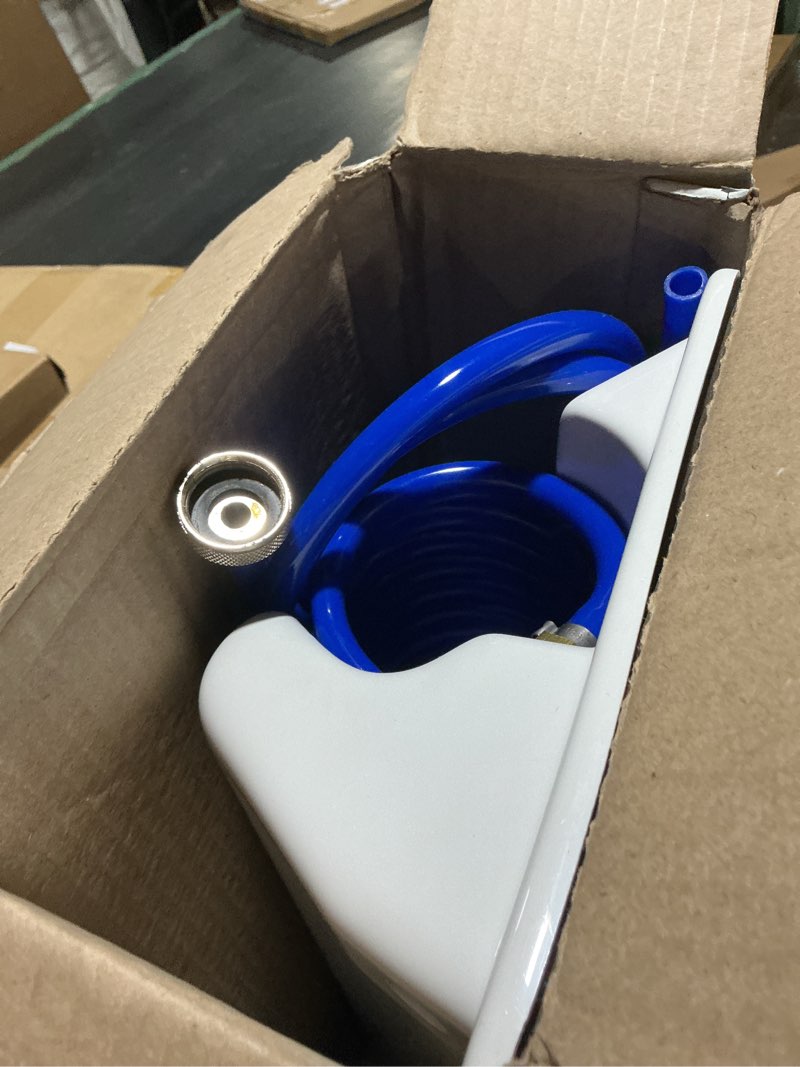 Condition photo showing Good Condition for t-h marine coiled washdown hose system - 25' wash down hose, nozzle, holder, 5' supply hose, and brass fittings - kink free design and compact storage - blue