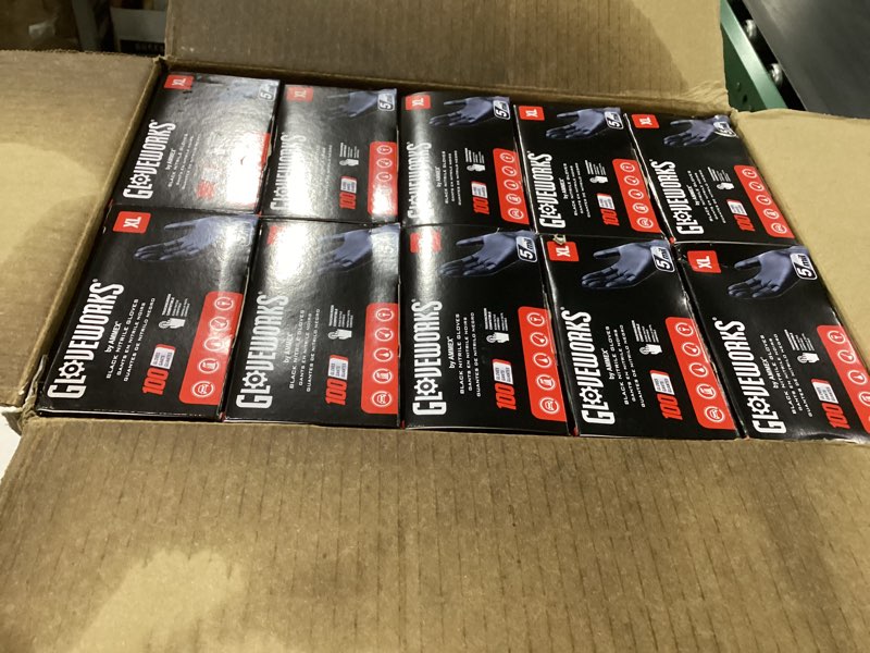 Condition photo showing New/Like New for GLOVEWORKS XL Black Nitrile Gloves for Cooking, Food Prep, Disposable, 5 Mil, For Professional Cleaning, Case of 1000 X-Large Case of 1000