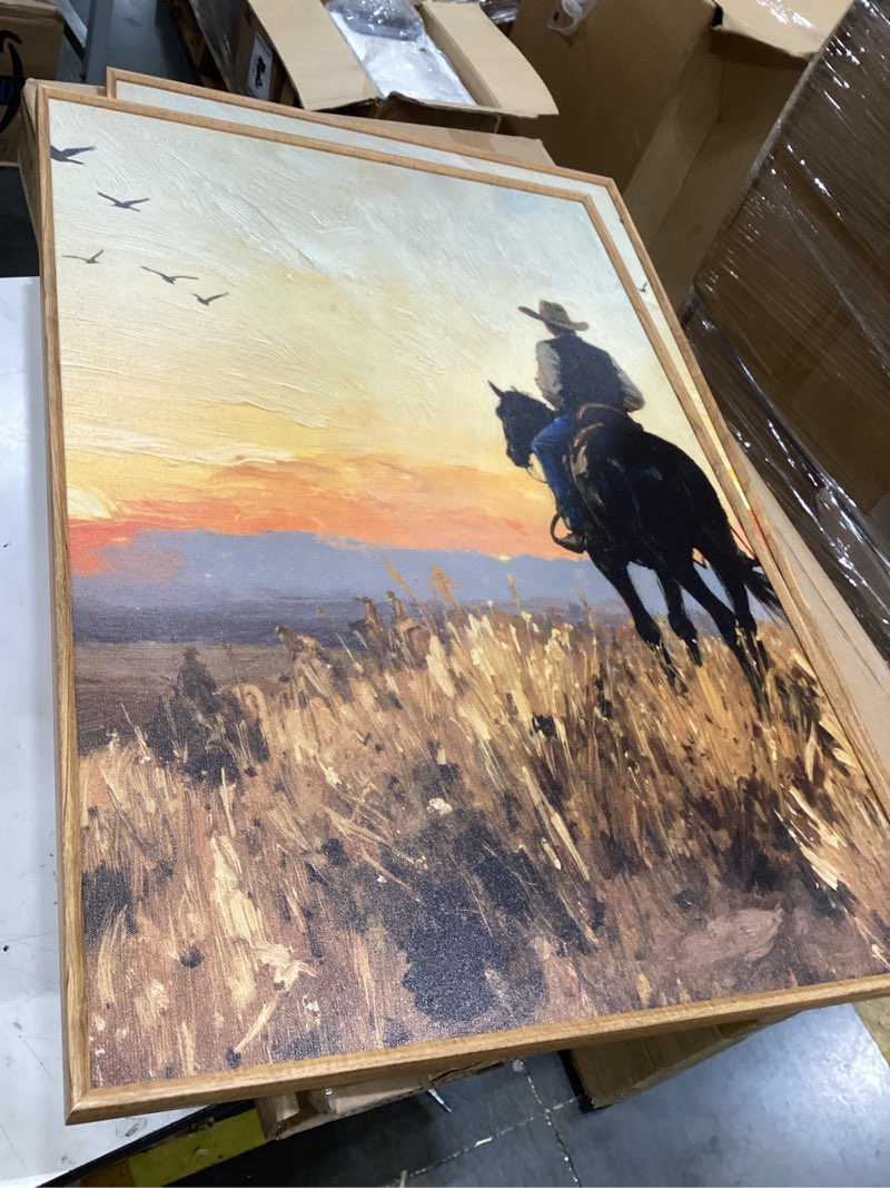 Condition photo showing Good Condition for toarti large framed western cowboy canvas wall art set,vintage sunset landscape horseback riding wall decor, rustic southwestern art prints for farmhouse living room bedroom office-16”x24”x3 3pcsx16''x24'', cowboy mountaintop sunrise landscape 24''l x 16''w