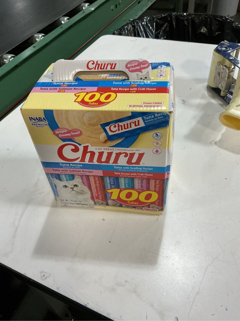 Condition photo showing New/Like New for ((03/24/2027))inaba churu cat treats, lickable, squeezable creamy purée with vitamin e, 0.5 ounces per tube, 100 tubes total, tuna variety tuna variety 1 count (pack of 100)