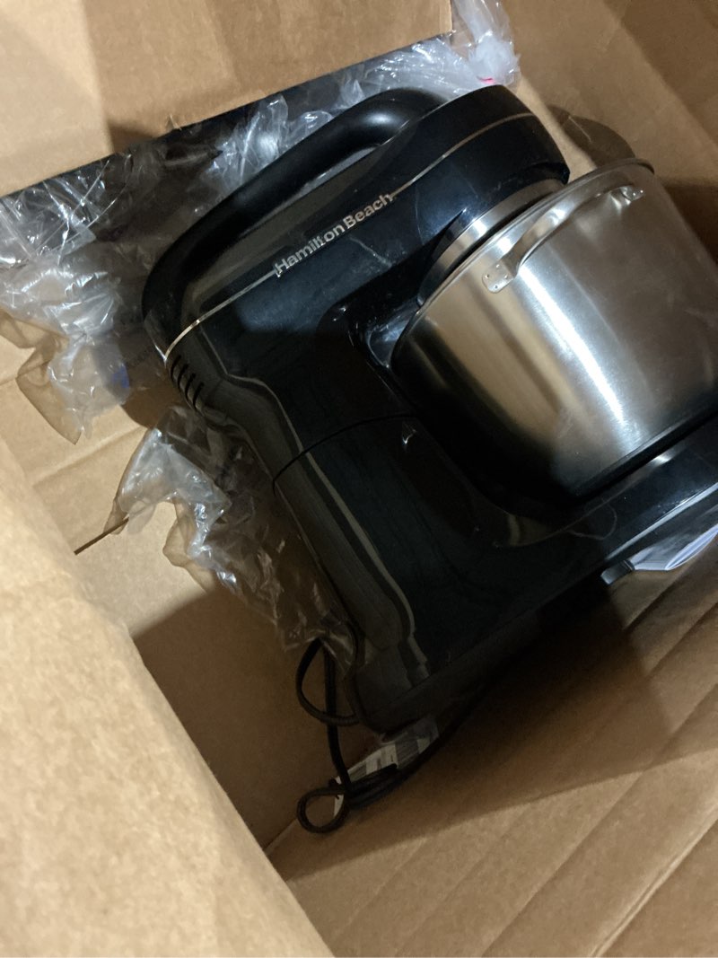 Condition photo showing As Is for hamilton beach electric stand mixer, 4 quarts, dough hook, flat beater attachments, splash guard 7 speeds with whisk, easy-carry top handle, black black 4 quarts