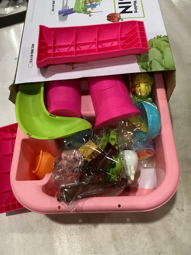 Condition photo showing New/Like New for upgraded toddler sand water table toy with electric water pump, kids sand water with faucet/play food accessories/fishing toy, kitchen play sink toys for girl boy age 3+ pink