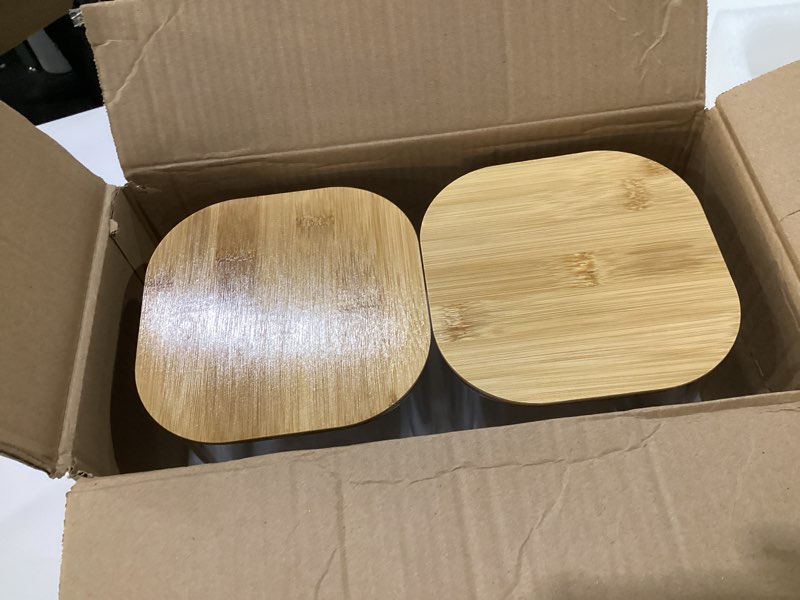 Condition photo showing Good Condition for Liuruiyu Glass Food Storage Jars 150 Set of 2,Glass Storage Containers Clear Glass Food Canister with Bamboo Lid Airtight For Serving Tea, Coffee, Flour, Sugar, Candy, Cookie, Spice and More (Square) Square-108oz*2