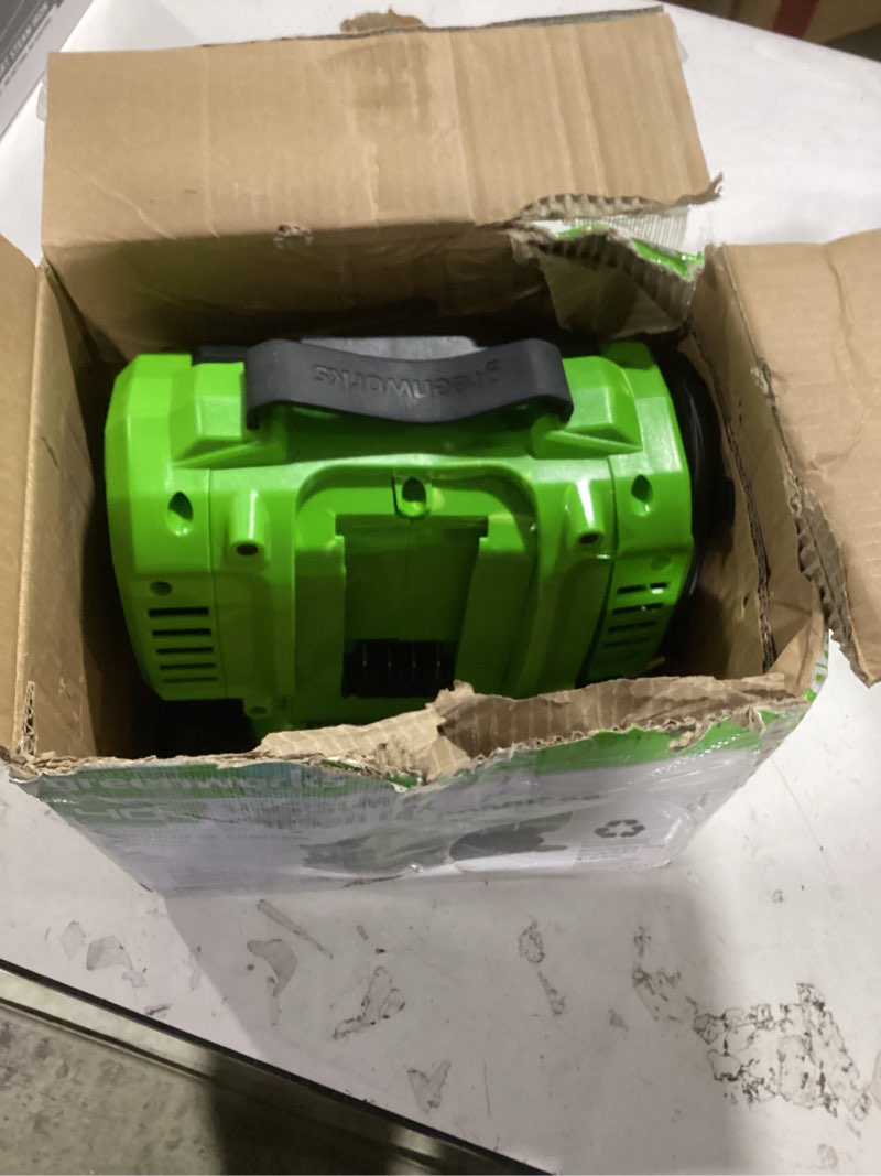 Condition photo showing As Is for greenworks 40v cordless tire inflator, 160 psi portable air compressor, 2 power sources, auto shut off, for car, bicycle, motorcycle, air boat, inflatables, tool only 40v inflator