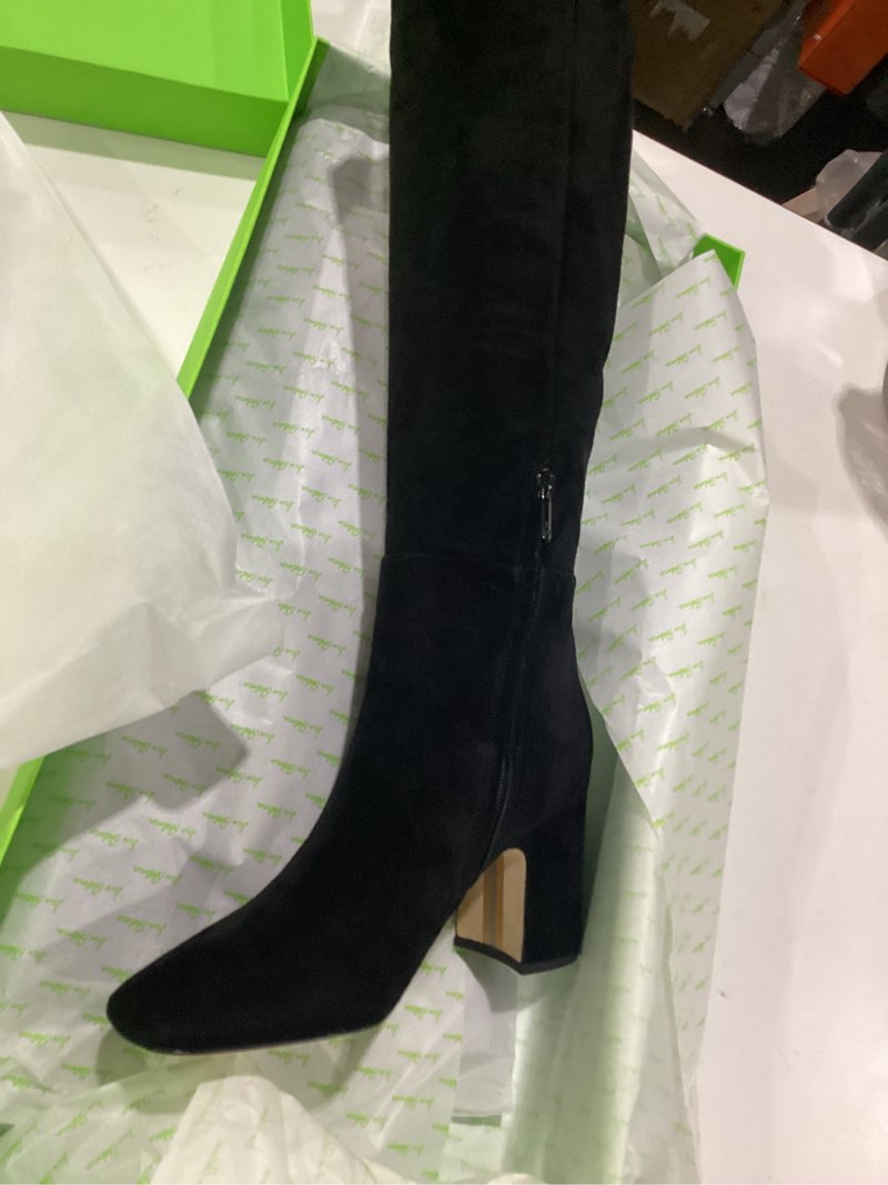 Condition photo showing Good Condition for lumeheel women knee high boots round toe chunky heel boots gogo boots with side zip fashion tall boots for women 8 suede black, similar to stock photo, size 10