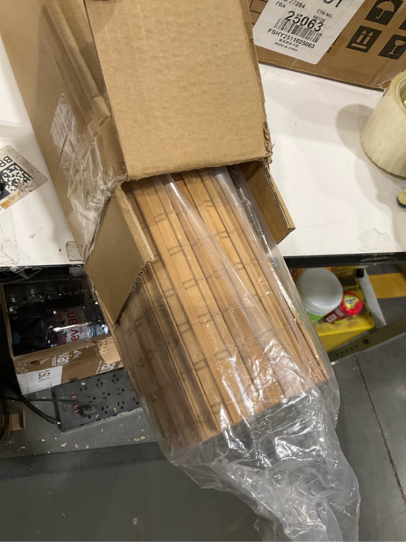 Condition photo showing Good Condition for Bamboo Roman Shades with Valance Cover, Cordless Blinds for Indoor Windows, Blackout Woven Wood Shades for Home & Patio, Privacy Protection, 22" W x 64" H, Carbonized Privacy-carbonized 22"W x 64"H