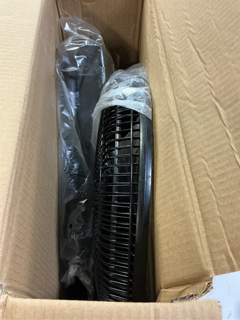 Condition photo showing New/Like New for comfort zone 16” oscillating pedestal fan  3-speed options  90-degree oscillating head  adjustable height and tilt  powerful air flow  black