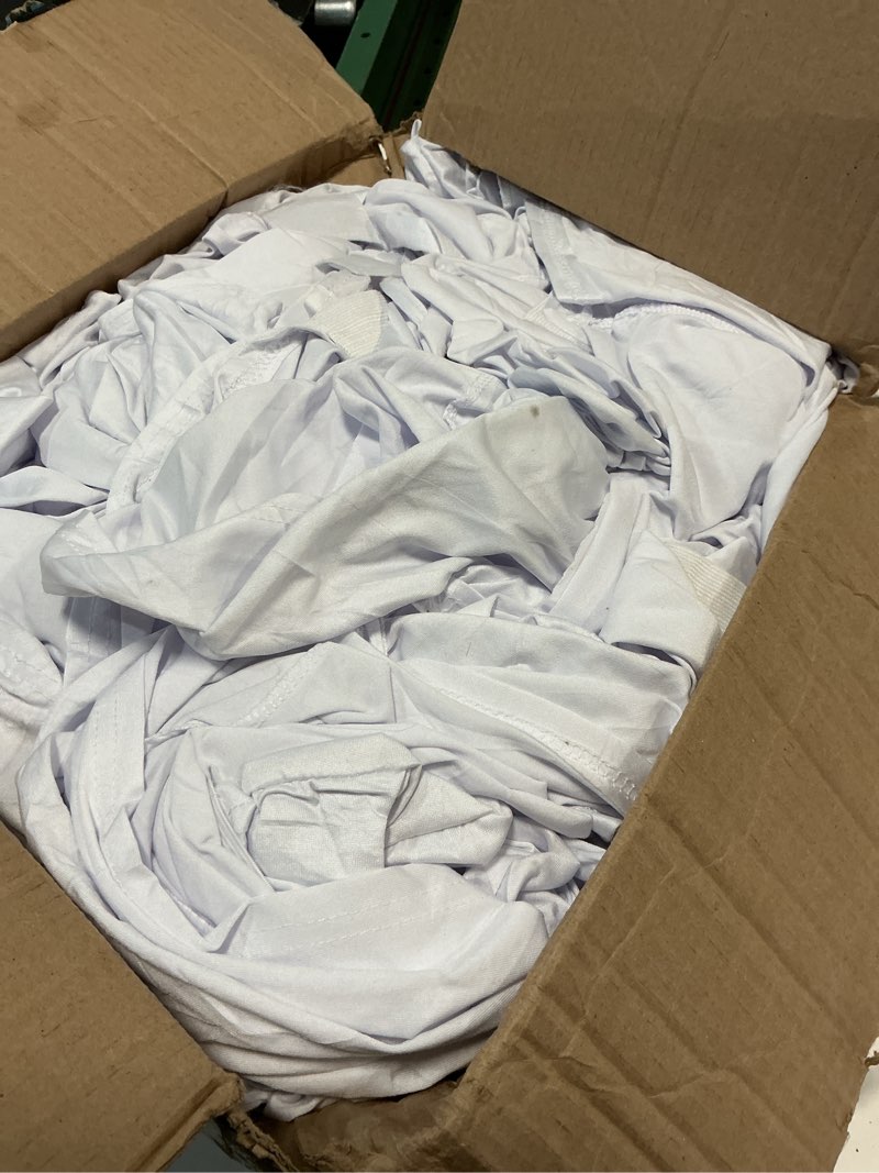Condition photo showing As Is for 100 pieces white chair covers - versatile stretch polyester spandex dining chair slipcovers for dining, party, wedding, banquet, and more white 100pcs