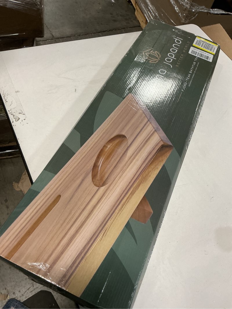Condition photo showing As Is for Grand Fjord | Teak Bathtub Tray for Large Soaking Tub | Extra Long 35” Luxury Bath Caddy for Freestanding Tubs | Minimalist Wooden Tub Tray with Candle Holders & Premium Towel by JapandiSpirit