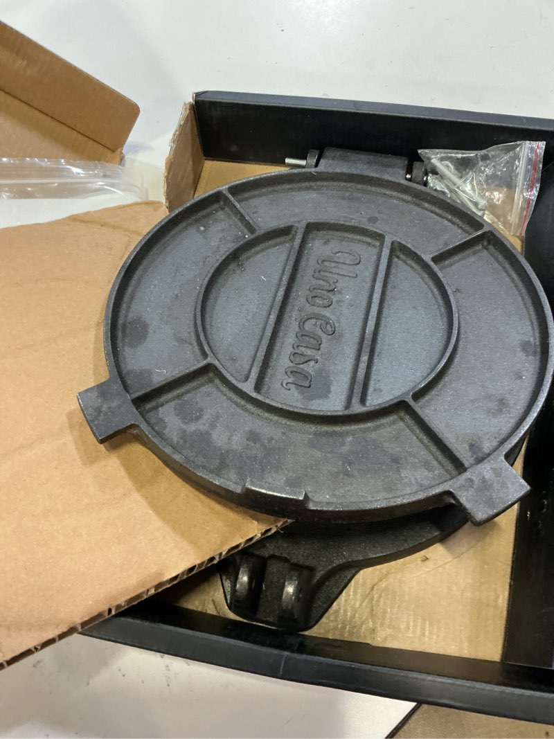 Condition photo showing As Is for uno casa cast iron tortilla press 10 inch - tortilla maker press, pre-seasoned roti maker with 100 pcs parchment paper - heavy duty quesadilla maker for homemade flatbreads, rotis, empanadas