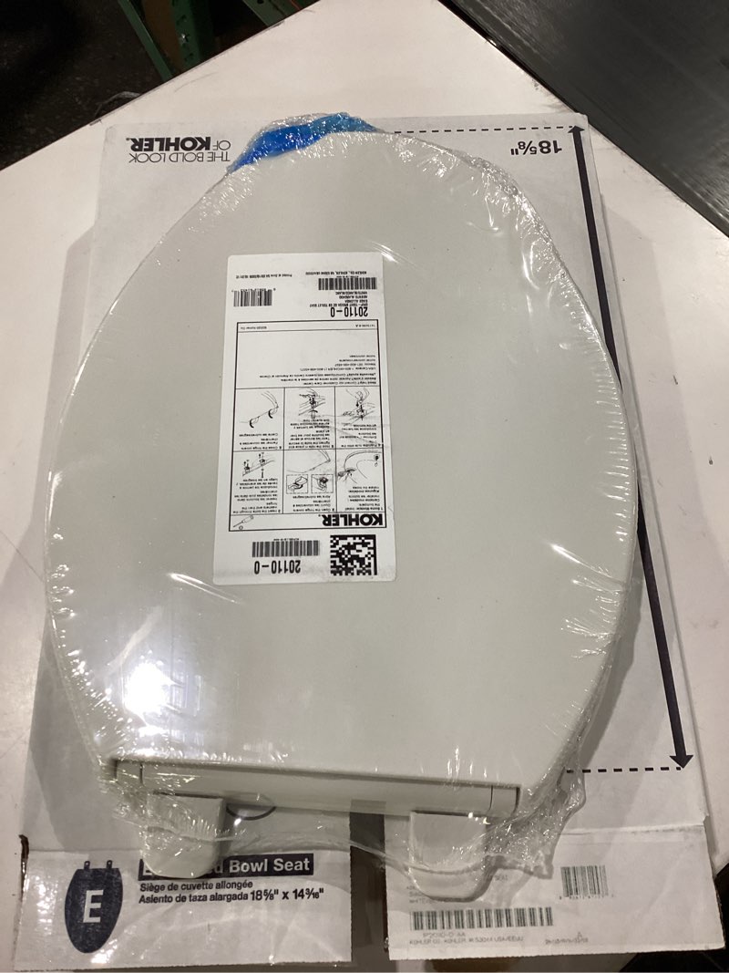 Condition photo showing New/Like New for kohler k-20110-0 brevia elongated toilet seat with grip-tight bumpers, quiet-close seat, quick-attach hardware, white