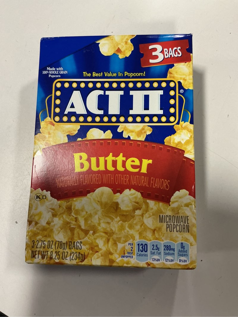 Condition photo showing New/Like New for Best by 08/01/2026 ACT II BUTTER 3-2.75 OZ BAGS