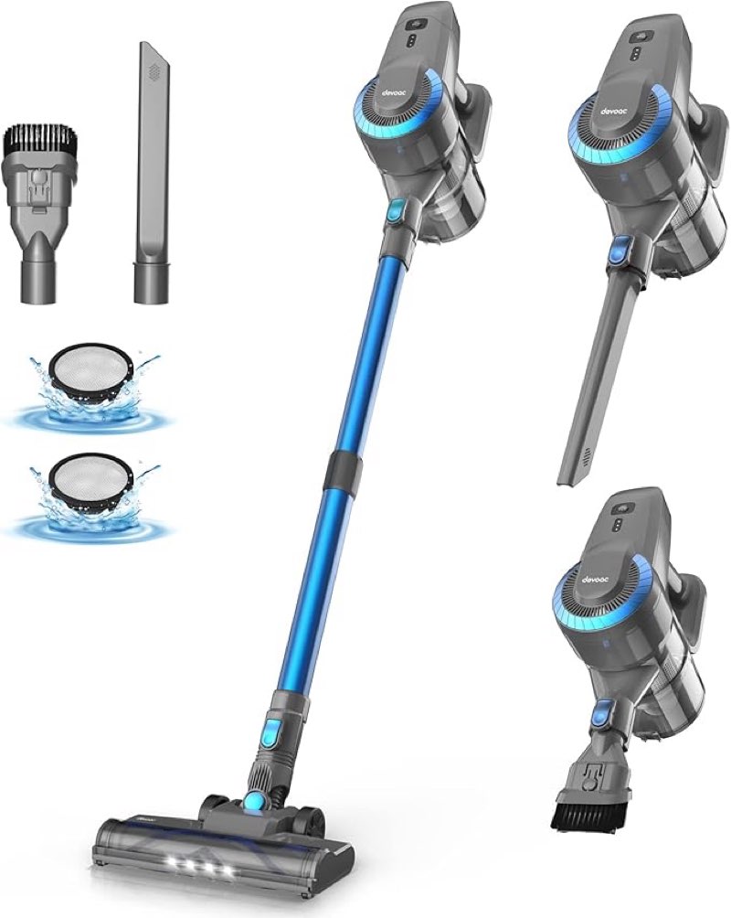 DEVOAC N300 Cordless Vacuum Cleaner, 6 in 1 Lightweight Stick Vacuum, 2200mAh Battery Up to 40mins Runtime, Powerful Handheld Vacuum for Hard Floor Rug Pet Hair Home Dorm (Blue)