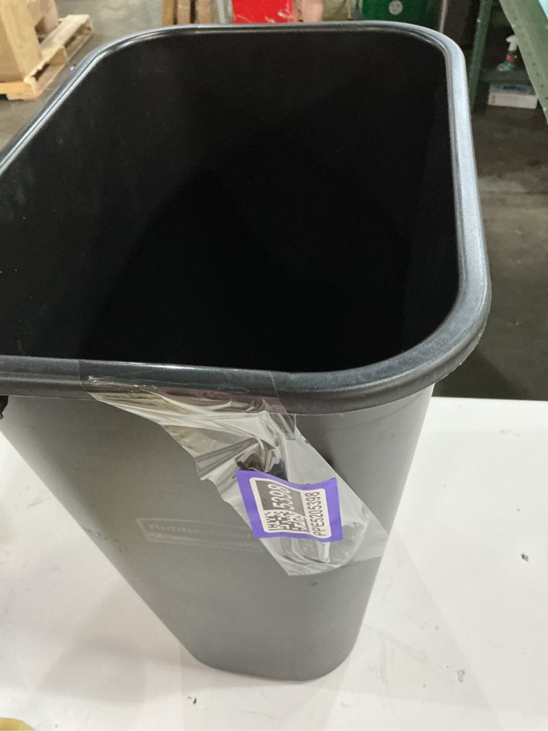 Condition photo showing As Is for rubbermaid commercial standard wastebasket, 12.1" x 8.1" x 11.4", black