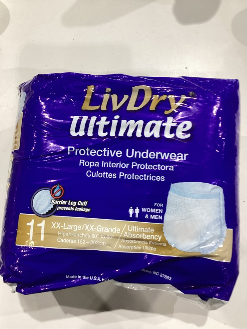 Condition photo showing New/Like New for livdry ultimate 2xl adult incontinence underwear, max absorbant diapers for women and men, xxl 60” -80" waist, leak proof cuff, xx-large, 11-pack xx-large (11 count)