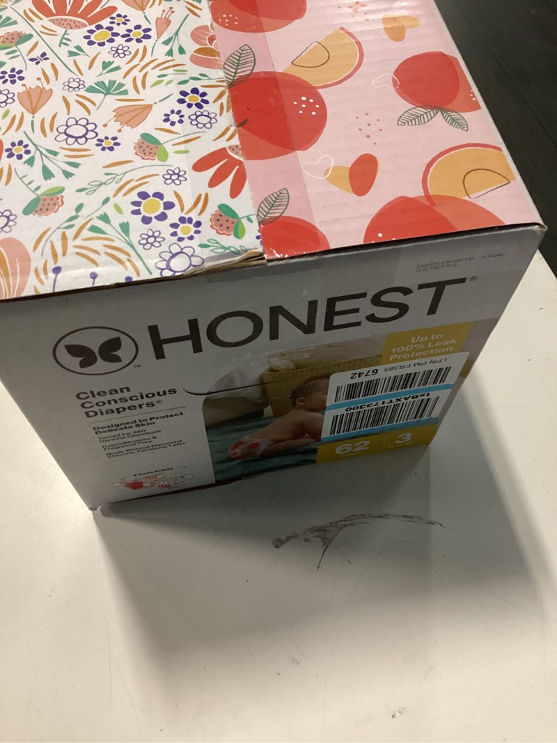 Condition photo showing New/Like New for the honest company comfort dry disposable diapers for sensitive skin, hypoallergenic, fragrance-free, just peachy + flower power, club box, size 3 (16-28 lbs), 62 count size 3 (62 count) just peachy + flower power