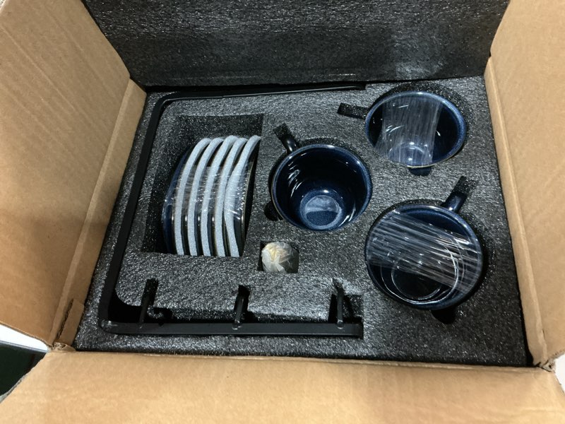 Condition photo showing New/Like New for vicrays Ceramic Espresso Coffee Cups Set 4 oz Porcelain Espresso Cups with Saucers Spoons and Metal Stand for Tea Cafe Cappuccino Latte - Set of 6 - Blue