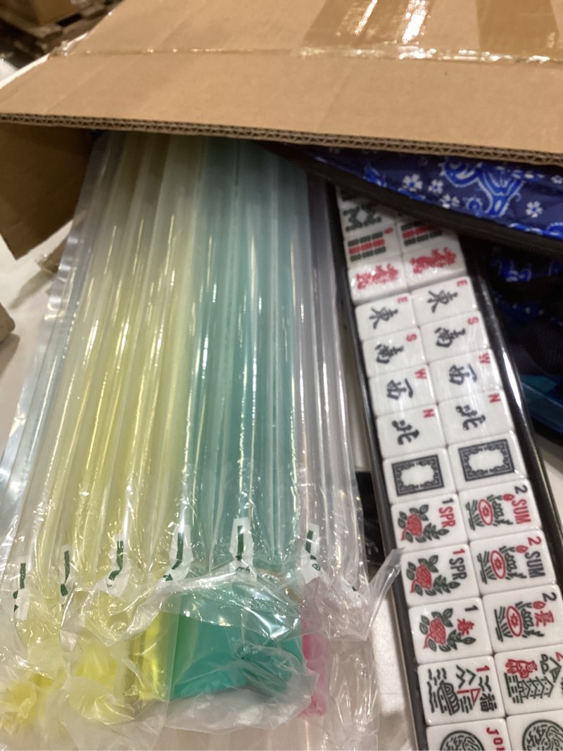 Condition photo showing Good Condition for american mahjong game set, 166 white tiles, blue printed bag with entire accessories, 4 all-in-one rack/pushers, mahjong tiles set