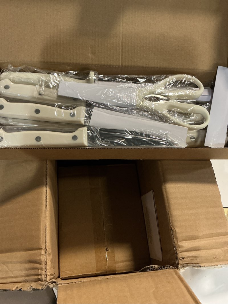 Condition photo showing Good Condition for carote 14 pieces knife set with block, forged, high carbon stainless steel sharp blade block knife set, dishwasher safe cutlery, cream cream 14pcs