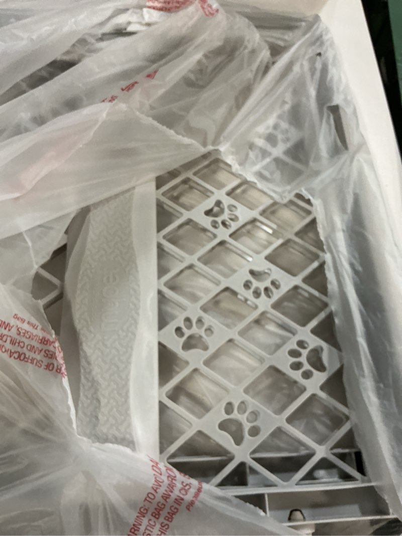 Condition photo showing As Is for mypet north states paws portable pet gate: 26-40" wide. pressure mount. no tools needed. made in usa. dog gate 23" tall, expandable, durable dog gates for doorways, light gray