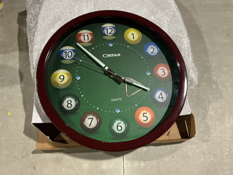 Condition photo showing Good Condition for ostar big large billiard pool ball wall clock, battery operated, cue hand, non ticking quality quartz, 14" snooker game