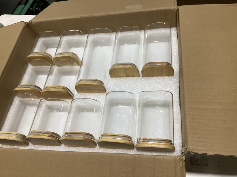 Condition photo showing Good Condition for 24 Pcs Square Glass Storage Jars with Bamboo Lids 4 Sizes Pantry Food Storage Containers Clear Stackable Canisters Airtight Glass Jars for Candy Cookie Sugar Pasta Nuts Kitchen
