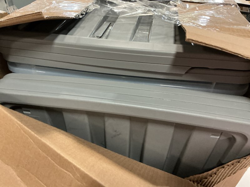 Condition photo showing As Is for Amazon Basics Plastic Storage Containers with Secure Latching Lids, Stackable Organization Bins for Organizing, Clear/Grey, 5 Quart, Set of 10 5 Qt. - 10 Pack