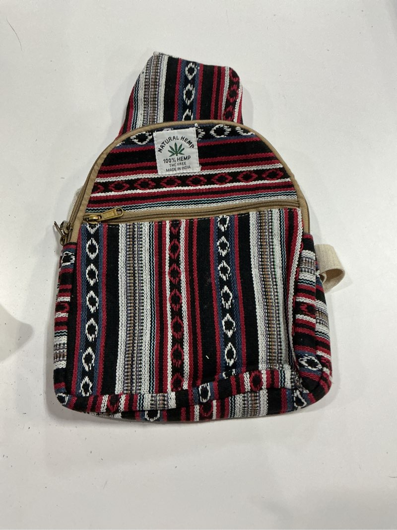 Condition photo showing New/Like New for longing to buy hemp sling backpack- hemp cross body bag- hemp shoulder backpack adjustable strap for men & women (light multicolored-1), large