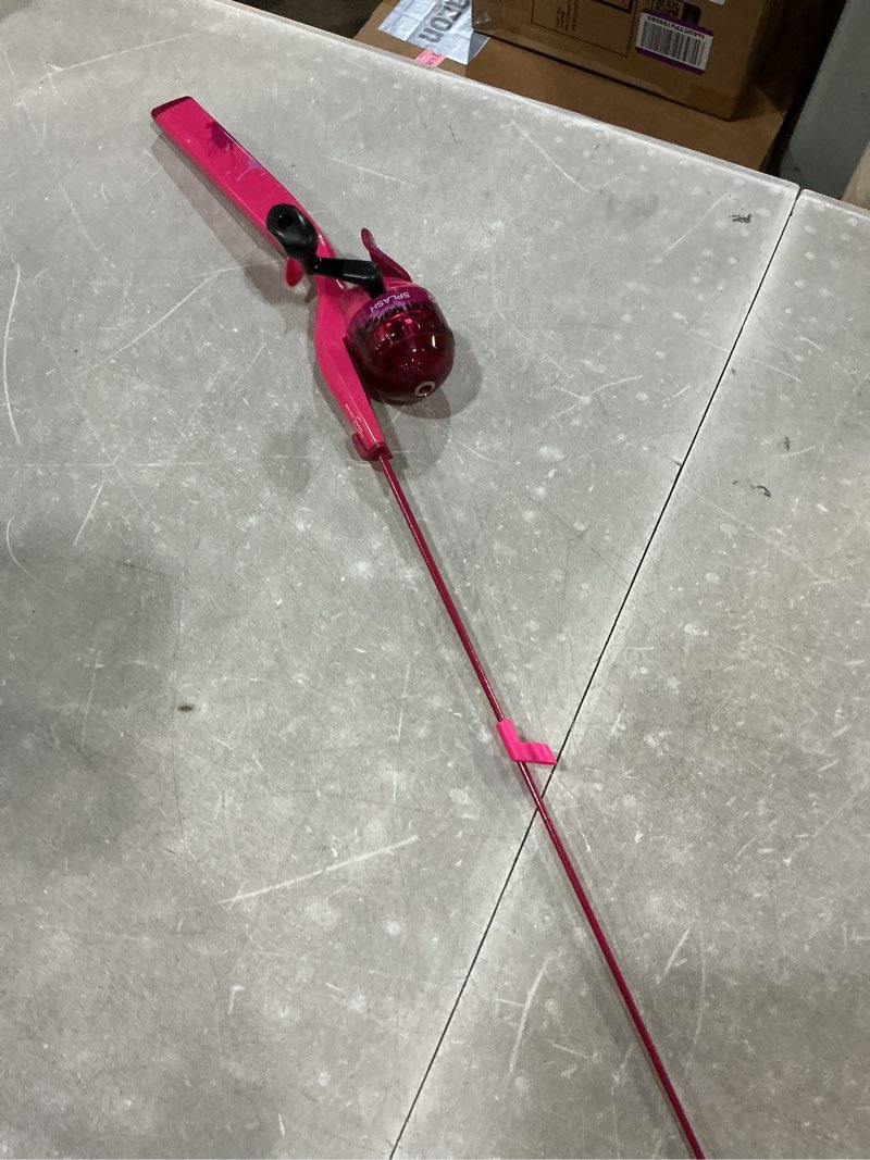 Condition photo showing Good Condition for zebco splash kids spincast reel and fishing rod combo, 29" durable floating fiberglass rod with tangle-free design, oversized reel handle knob, pre-spooled with 6-pound zebco fishing line pink fishing combo + reel and fishing rod combo